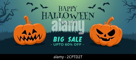 Happy Halloween grande vendita banner in design piatto con due zucche e pipistrelli Illustrazione Vettoriale