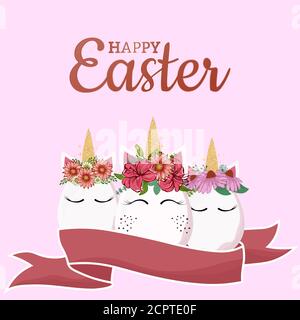 Carino unicorno uovo di Pasqua vettore grafico disegno. Concetto di vacanza di Pasqua. Cartoon unicorno testa con fiore corona isolato su sfondo rosa... Illustrazione Vettoriale