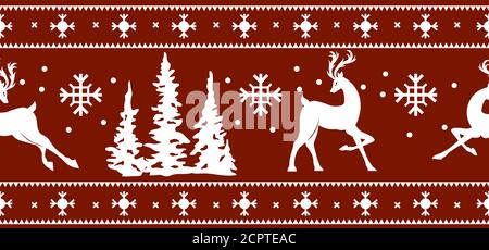 Bianco ornamento di natale su sfondo rosso. Maglia senza cuciture. Cervi e alberi di Natale sotto forma di sciarpa. Disegno senza giunture per progettazione e progettazione. Illustrazione Vettoriale