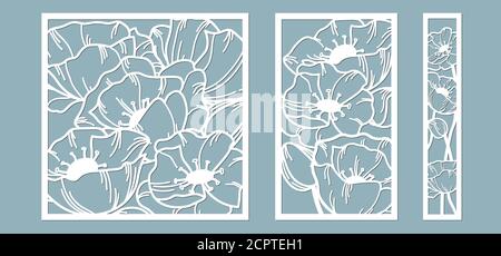 Dima per taglio laser e Plotter. Fiori, foglie, bouquet per decorazione. Illustrazione vettoriale. Fiore di papavero. Plotter e serig Illustrazione Vettoriale