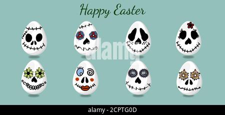 Uova a Pasqua, sotto forma di volti divertenti e spaventosi. Per la decorazione della vacanza. Modelli... Illustrazione Vettoriale