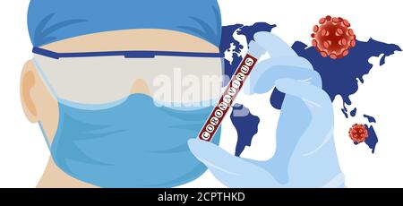 La frizione del virus. Coronavirus. Su sfondo bianco. 2019-nCoV. Viso del medico. Virus in vitro... Illustrazione Vettoriale