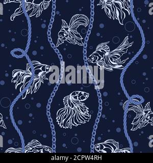 Motivo floreale vettoriale senza cuciture sfondo con pesce disegnato a mano, catena. Perfetto per sfondi, sfondi di pagine web, texture di superficie, tessuti... Illustrazione Vettoriale