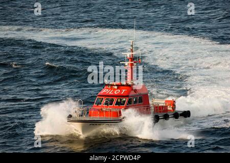 Imbarcazione pilota mentre si avvicina a una nave da crociera. Foto Stock