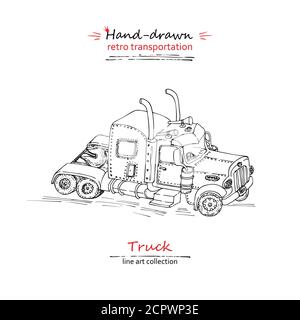 Carrello disegnato a mano isolato su sfondo bianco. Vintage sketch trasporto camion. Grande macchina industriale, macchina gigante. Stile line art. Illustrazione Vettoriale