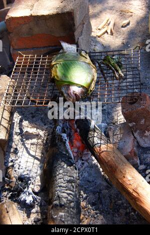 Pescato da Mekong e bbq'd avvolto in foglia di banana offerto per la vendita sul Laos strada. Foto Stock