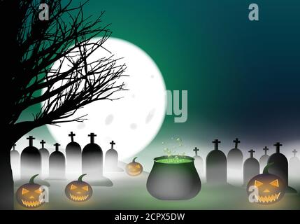 Cimitero notturno con zucche leggere. Illustrazione Vettoriale