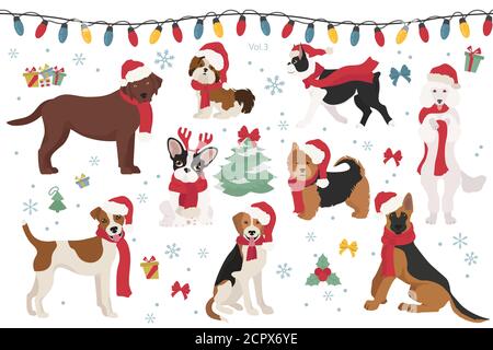 Personaggi del cane in cappelli e sciarpe Santa. Natale di design. Illustrazione vettoriale Illustrazione Vettoriale