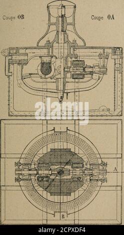 . Exploitation technique des chemins de fer .. . Fig. 53. - impianto idraulico Cabestan. COSTRUZIONE 133 te cabestan électrique de la compagnie du Nord {fig. 54) Coupé OE Coupé OA. FiO. 54. - Cabestan électrique. Comporte un tambour en fonte monté sur laxe Vertical 134 TRAINS ET GARES dune roue dentée avec laquelle engrènent deux pignonsdon les axes reçoivent les deux induits dune dynamo D.dans un modèle Plus récent k dynamo à indus unique estcalée sur le tus organus suspauses ansune cuve étanche. Le tambour et le mécanisme sont montéssur deux tourillons qui permettent de les fa Foto Stock