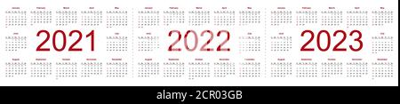 Set di calendari minimalisti, anni 2021, 2022, 2023, inizio settimana Domenica. Illustrazione vettoriale isolata su sfondo bianco. Illustrazione Vettoriale