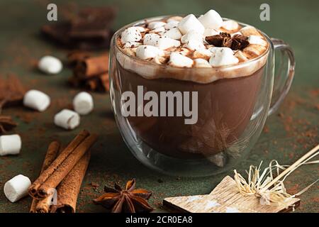 Cioccolata calda con marshmallow, anice, cannella e pezzi di cioccolato. Messa a fuoco selettiva, sfondo verde. Concetto di vacanza accogliente, Natale Foto Stock