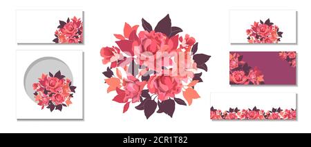 Set di fiori vettoriali. Rosa, rosso, colore corallo rose, cioccolato, foglie d'arancia. Illustrazione Vettoriale