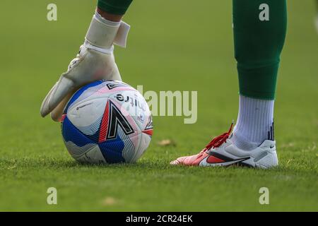 Ben Foster (1) di Watford raccoglie oggi Sky Bet EFL Mitre Delta Max palla di partita Foto Stock