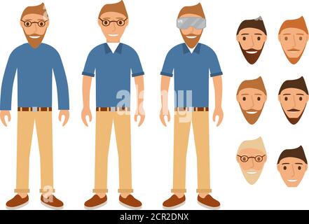 Il ragazzo in jeans una camicia e stivali. Un set di testine con diversi stili di capelli e barba, baffi e occhiali da vista. Illustrazione Vettoriale
