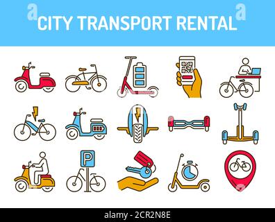 Set di icone a colori per il noleggio di trasporti urbani. Veicolo ecologico: bicicletta, monowheel, girobord, girobotomo, scooter. Pittogrammi per applicazioni Web e mobili Illustrazione Vettoriale