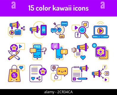 Set di icone di colore della linea di promozione SMM. Cartelli per pagina Web, app mobile, pulsante, logo. Elemento isolato vettoriale. Tratto modificabile Illustrazione Vettoriale