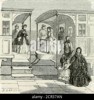 . Les chemins de fer . moins vraie. Mais comme la curiosité est|)ermise en chemin de fer, et, dans ce cas, dun facileexercice, chacun peut, en se promenant le long dutrain pendant les arrêts, jeter un coup dœil dans lesvoitures entrouvertes. CE quon connaît moins, ce sont les voitures deluxe, dont les salons meublés permettent aux favoriisésde la fortune de sétendre à plaisir, et de prendre unrepos quon ne goûte guère dhabitude en voyage :des terrasses pour les fumeurs, dautres aisances,quon soupçonnera bien sans les nommer davantage,ajoutent aux réments des voitures de première classe,et non Foto Stock