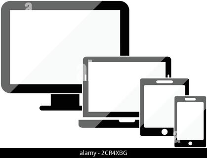 Icona dispositivi smart. Icona del telefono, tablet, icona del computer portatile, schermo del computer. Simbolo del notebook e del telefono cellulare. Dispositivo elettronico Smart Vector isolato su Illustrazione Vettoriale