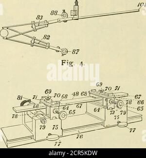 . Ingegnere americano e giornale ferroviario . La funzione della leva 52 e del contrappeso 53, fig. 3, è ribilanciare l'intero sistema di parti, in modo da renderlo sensibile alle più piccole variazioni di moto. In fig. 5 è mostrata una disposizione di teste regolabili per campioni paralleli, nonché un dispositivo per posizionare queste teste sul campione rapidamente e nella posizione appropriata desiderata. Foto Stock