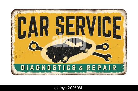 Servizio auto vintage arrugginito segno metallo su sfondo bianco, illustrazione vettoriale Illustrazione Vettoriale