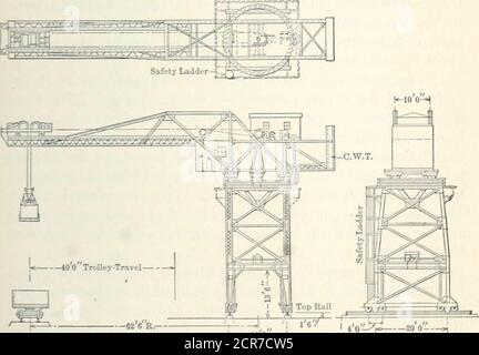 . Strutture ferroviarie e stime. La Cleveland Railway Co. Inita il nuovo cantiere di Harvard St., per la gestione di sabbia, carbone, pietra spezzata, ecc., da e per le pile di stoccaggio, come descritto in Eng. News, Giugno 15, 1916. Si tratta di una gru a torre che viagga su un binario dritto andequiped con un lungo braccio a sbalzo che porta un sollevamento traversoda cui è sospeso un benna di presa. Fig. 194a mostra la struttura della gru abbastanza chiaramente e. |*---16 0-H Fig. 194a. Travelling Cantilever Yard Crane, Cleveland Railways Co, 390 AUTOGRU PER CANTIERI. Fornisce anche le dimensioni principali. La torre è portata da due rotoli da 30 pollici Foto Stock