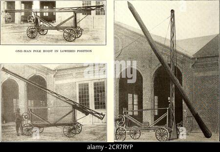 . Giornale ferroviario elettrico. Trasporta carichi molto pesanti ed è dotato di una base sostanziale larga 14 poll. E lunga 42 poll. Due linee di testa, fissate in modo permanente alla parte superiore delmontante, sono previste per prendere la tensione laterale. Quando l'albero è in posizione e le linee di testa sono fatte scatole veloci, pali, o altri ancoraggi adatti la macchina è pronta per l'uso. Due perni o picchetti di ferro sono usedas ancoraggi se non sono disponibili altri. I titoli sono regolati in modo da consentire al montante di inclinarsi in modo che itstop si estenda verso il foro del palo di circa 6 poll. Dal punto di vista evertico. Il paranco è dotato di un dispositivo autonomo Foto Stock