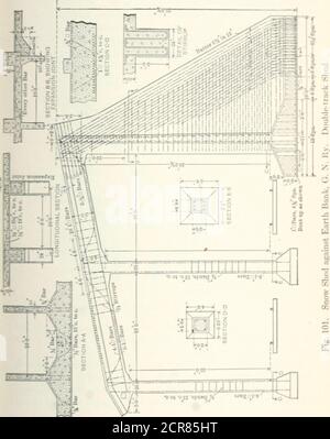 . Strutture ferroviarie e stime. Ombinazione calcestruzzo e legname capannoni di neve costruiti sul versante ovest per sostituire 3000 piedi di capannoni di legno costerà 500,000 dollari. Cesoie da neve concrete, Great Northern Ry. – a causa del pericolo di foreste e altri incendi e della pesante manutenzione, la Grande Ferrovia del Nord ha costruito capannoni ignifughi (circa 4000 metri) a ovest del lungo tunnel nelle CascadeMountains, dove le scivole sono insolitamente gravi. Essi sono arefor doppio binario, e di costruzione in cemento armato, come mostrato. Fig. 101 e 102. La soletta del tetto è figurata per un carico di 1100 lb. E la trave Foto Stock