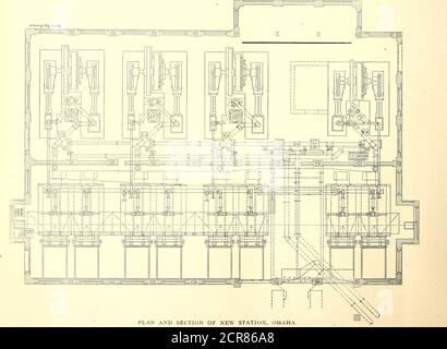 . Il giornale ferroviario di strada . 15 agosto 1903.] GIORNALE FERROVIARIO STRADALE. 235 ft. in larghezza. Un'aggiunta alla sala caldaie, con dimensioni di 58 x 36 piedi, conterrà l'apparecchiatura con ventola indotta. Una gru elettrica si estende per il vano motore. I piani per la nuova centrale elettrica sono stati preparati da Lichter & Jens, ofSt. Louis, gli ingegneri di consulenza per l'azienda, e il lavoro è sotto la supervisione di W. A. Smith, tesoriere e generalmanager, e R. A. Lerssler, segretario della società. Al completamento della nuova centrale elettrica, la vecchia stazione di generazione di Omaha verrà chiusa e utilizzata Foto Stock