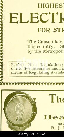 . Il giornale ferroviario di strada . Percy Hodges, 319 Exchange Bldg., Boston. 1 |The W. R. Garton Co. J 315 Dearborn St., Chicago. STREET RAILWAY JOURNAL 217 PIÙ ALTO SVILUPPO DI RISCALDATORI ELETTRICI PER LE AUTO FERROVIARIE DI STRADA il riscaldatore di automobile consolidato è già stato applicato ad oltre 8,000 automobili ferroviarie di strada in questo paese. Standard su tutte le ferrovie di superficie più grandi in tutte le grandi città. Adoptedby la Metropolitan Street Railway di New York City, dopo prove competitive. Solo riscaldatore perfetto e di successo sul mercato. Nessun errore autenticato in sette anni. Oltre 100,000 bobine di calore i Foto Stock
