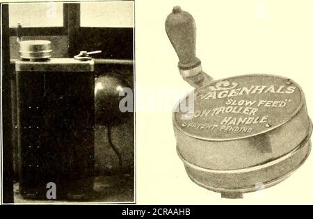 . La ferrovia di strada giornale . vicinanza, e la società ha grandi ordini in archivio da un numero di strade in Canada. La Corporation of Glasgow inizierà presto a lavorare per la conversione del loro intero sistema, e sperano che entro la data della Glasgow Exhibition nel 1901, che immediatamente seguiranno l'esposizione di Parigi, una parte considerevole del sistema può essere convertito in elettricità. Maggio 1899.] GIORNALE FERROVIARIO STRADALE. 33 UNA maniglia di controllo di alimentazione lenta nelle illustrazioni allegate è mostrata una nuova maniglia di controllo che è stata progettata da un pratico gestore di ferrovie elettriche e whi Foto Stock