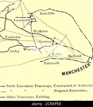 . Il giornale ferroviario di strada . MAPPA DEI TRAM E DELLE FERROVIE NEL NEWCASTLEDISTRICT equipaggiare per la trazione elettrica la linea che collega New-Castle e Tynemouth, questa azione essendo praticamente forzata verso l'azienda dalla diminuzione delle entrate provocate dai tram. Un caso analogo si osserva nell'elettrificazione della ferrovia tra Liverpool e Southport, che è stata effettuata dalla Lancashire & Yorkshire Railway, sotto la supervisione di Aspinalls. Un sistema tranviario molto importante, di cui la prima parte è stata ultimata di recente, è quello appartenente alla FERROVIA South Lanca-STREET Foto Stock