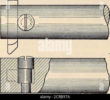 . Meccanico del maestro ferroviario [microform] . slitta trasversale. Esso è mantenuto in posizione da due bulloni con teste di forma tale da impegnare la scanalatura del montante dell'utensile. La barra è realizzata in acciaio al crogiolo ed è fissata saldamente mediante due morsetti fissati mediante viti di fermo. Per disporre l'altezza del tagliente in modo da adattarsi al taglio che si sta effettuando, avendo uno spallamento disposto a forma di eccentrico, in modo che dando a questa vite una parziale rotazione l'utensile viene fissato o rilasciato. La disposizione di questa vite è tale che la spinta della fresa tende ad aumentare la presa della vite. Questa disposizione è mostrata dalla Fig. 2. Il supporto è realizzato in Foto Stock