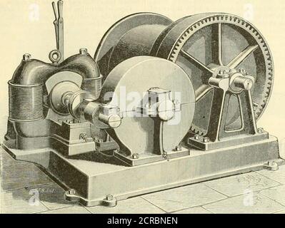 . La ferrovia e diario di ingegneria. Curve e gradi fino al 10 per cento. L'azienda ha complessivamente vetture 2S, 15 dotate di motori Sprague, 13 con il Thomson-Houston, e 3 con il Van de Poele. Su queste linee il numero di passeggeri auto-ried è in media di circa 175,000 mont hIy, e in occasione di occasioni speciali dal 15,000 al 20,000 sono stati trasportati in un giorno. Il servizio ordinaryduty di un'auto è di circa 100 miglia al giorno. Il sistema in uso è il cavo overhead, il cavo di alimentazione essendo portato sopra la traccia Vol. LXIII, No. II] GIORNALE TECNICO. 529 su staffe sospese da fili trasversali allungati da p. Foto Stock
