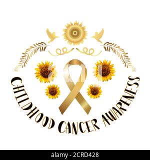 Mese di consapevolezza del cancro dell'infanzia, nastro d'oro, girasole, uccello con scritte su sfondo bianco. Illustrazione Vettoriale