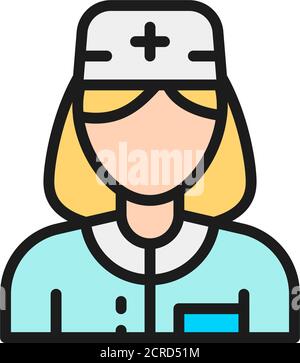 Infermiera, operatrice medica donna, icona della linea di colore piatta medico. Illustrazione Vettoriale