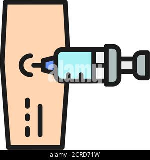 Iniezione di vaccino, siringa in mano icona linea colorata piatta. Illustrazione Vettoriale