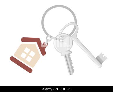 Chiave in argento su anello con portachiavi con chiave piatta vettore immagine su sfondo bianco Illustrazione Vettoriale