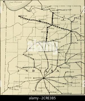 . Rassegna ferroviaria elettrica. Necting con il ft. Wayne Van Wert & Lima sistema darà un directroute molto all'Ohio occidentale. La divisione nord e sud da Varsavia al Perù che collega con il ft. Wayne & WabashValley e le linee di trazione dell'Indiana Union, offriranno un percorso diretto dall'Indiana settentrionale a Indianapolis. Le città servite dalla W^inona Interurban Railwayas ora in funzione hanno le seguenti popolazioni: Goshen, 15,-000; New Paris, 1,200; Milford, 2,000; Milford Junction, 500; Leesburg, 1,000; Varsavia, 5,000; e Winona Lake, località più tranquilla, che varia da 500 a 7,000. La strada ha atribut Foto Stock