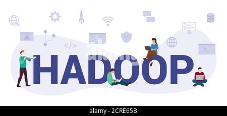 concetto di linguaggio di programmazione hadoop con testo o parola grandi e moderni e le persone con icone di stile moderno appartamento Illustrazione Vettoriale