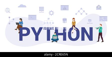 concetto di linguaggio di programmazione python con testo o parola grandi e moderni e le persone con icone di stile moderno appartamento Illustrazione Vettoriale