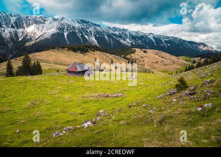 Splendido luogo di campagna alpino con malghe in legno e neve Piatra Craiului montagne sullo sfondo, Pestera villaggio, Transilvania, Romania, e Foto Stock