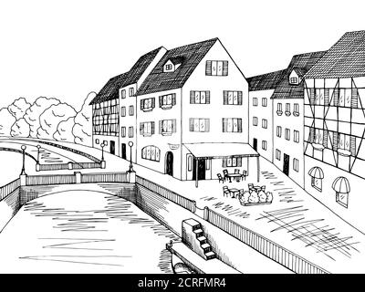 Old Town River ponte casa grafica arte illustrazione bianco nero vettore Illustrazione Vettoriale