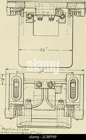 . Ingegnere americano e giornale ferroviario . Posizione più alta -^fcz^. ^K * Posiion of shoewhen running on 3 Lowesi Posihori.THIRD BAIL SHOE, LOCOMOTIVA ELETTRICA. INGEGNERE AMERICANO E GIORNALE FERROVIARIO. Foto Stock