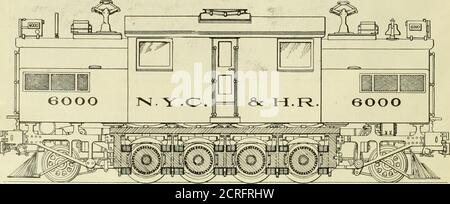 . Ingegnere americano e giornale ferroviario . ELEVAZIONE LATERALE DELLA LOCOMOTIVA ELETTRICA CENTRALE DI NEW YORK. SI (HON THROUGH MOTORS, NEW YORK CENTRAL ELECTRIC LOCOMOTIVA. In quanto non vi sono cunei, entrambe le ganasce del piedistallo sono montate cinque fusioni trasversali in acciaio, o cravatte, montate e con pattini in ghisa. I telai terminali sono pezzi fusi in acciaio pesante imbullonati ai telai laterali, essendo uno tra ciascuna coppia di elementi saldamente imbullonati ai telai laterali e sono dotati di inserti a tasche e uno su entrambe le estremità appena all'esterno delle ruote motrici - per l'ingranaggio di trazione e le molle della piattaforma. In aggiunta t Foto Stock