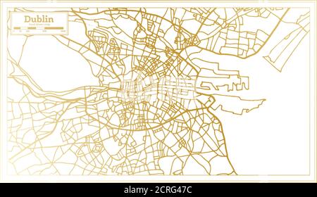 Mappa della città di Dublino Irlanda in stile retro in colore dorato. Mappa di contorno. Illustrazione vettoriale. Illustrazione Vettoriale