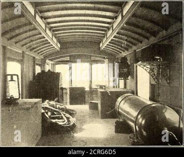 . Il giornale ferroviario stradale . con i fari come resistenza. Tre di questi grappoli si trovano nel vano chiuso e uno nel vano delle sezioni aperte. Sono inoltre presenti quattro fari a pannello nella porzione chiusa, ed un quinto all'esterno sopra una delle portiere, formanti una serie di cinque, che è collegata direttamente al circuito automobilistico, ed è utile nell'illuminazione della vettura quando si cambia ilfaro o quando è fuori servizio. Thisgives venticinque luci, in macchina invece di dieci incandescentsand un arco, e oltre a salvare la corrente di cinque lampade, givesa molto buona illuminazione e. Foto Stock