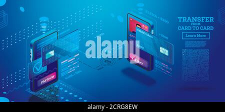 Concetto Isometrico del trasferimento di denaro mobile. Illustrazione vettoriale. Trasferimento di denaro online da carta a carta. Persone che inviano e ricevono denaro tramite servizi bancari Illustrazione Vettoriale
