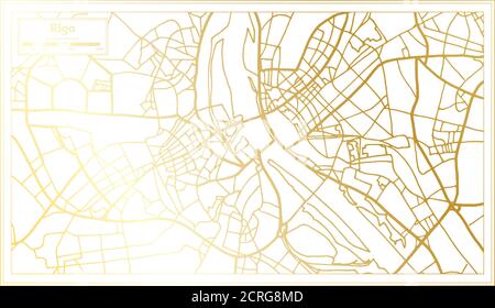 Riga Lettonia Mappa della città in stile retro in colore dorato. Mappa di contorno. Illustrazione vettoriale. Illustrazione Vettoriale