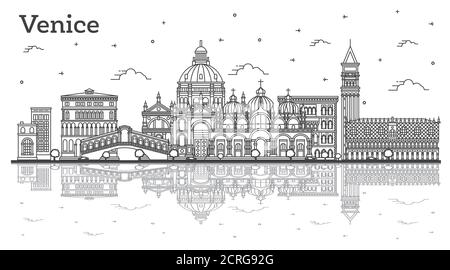 Profilo Venezia Italia skyline della città con edifici storici e riflessi isolati su Bianco. Illustrazione vettoriale. Paesaggio urbano di Venezia con monumenti storici. Illustrazione Vettoriale