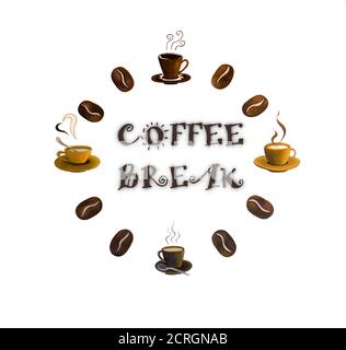 chicchi di caffè e tazza isolati su sfondo bianco in cerchio Foto Stock